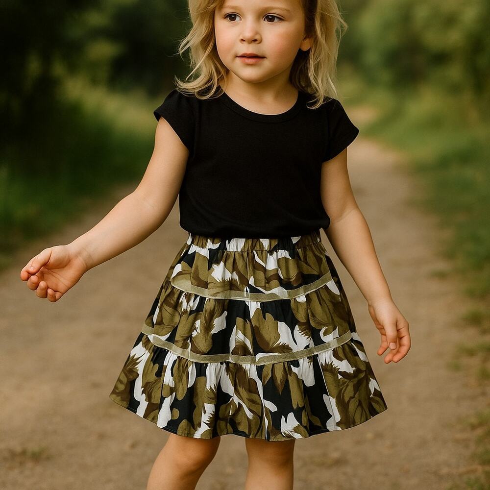 kit + lili Girls Skirt Size 4 Brown Black Floral Print Ribbon Trim Cotton NEW